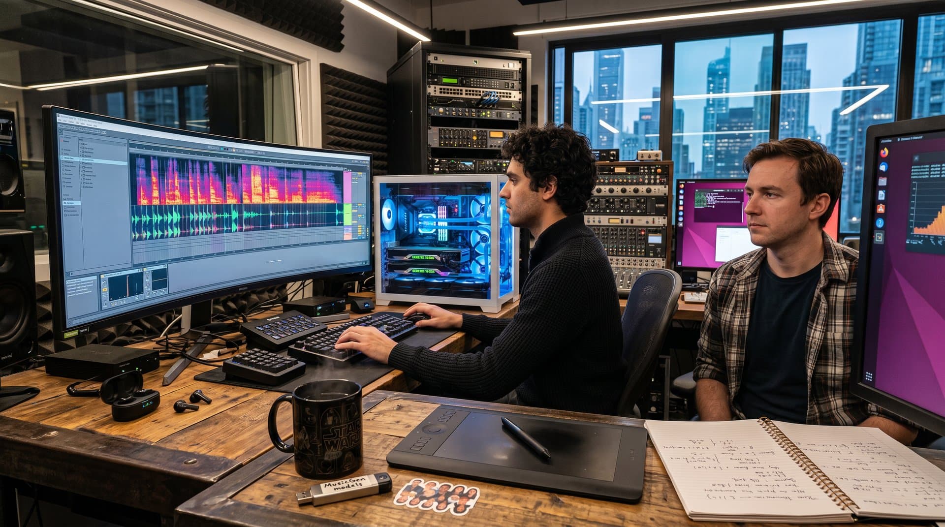 Engineer tweaks AI music software on RTX GPU workstation amid collaborative lab bays with monitors and controllers