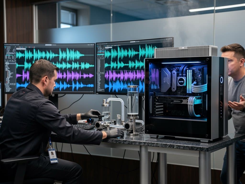 Water-cooled RTX 5090 workstation running Suno AI music tools in modern NVIDIA lab setup with spectrograms on monitors