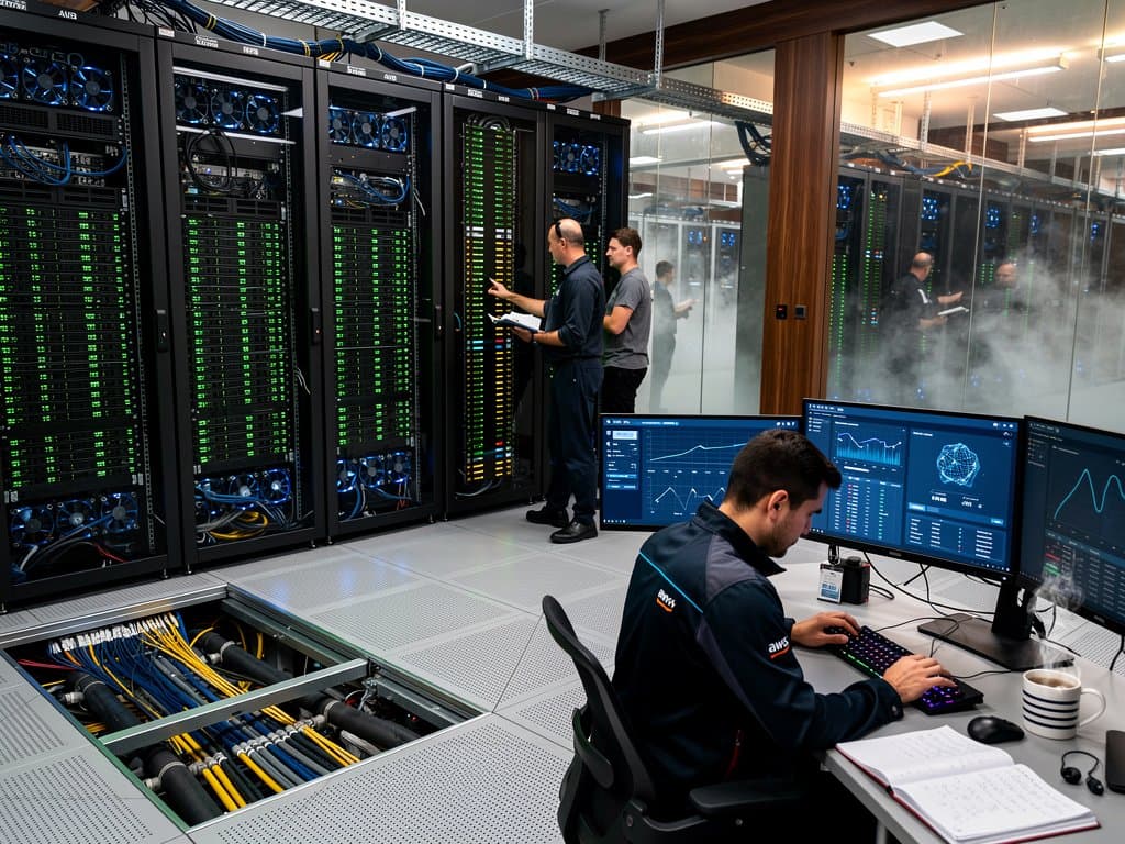 Glowing Trainium2 server racks and AI inference workstation in modern AWS data center