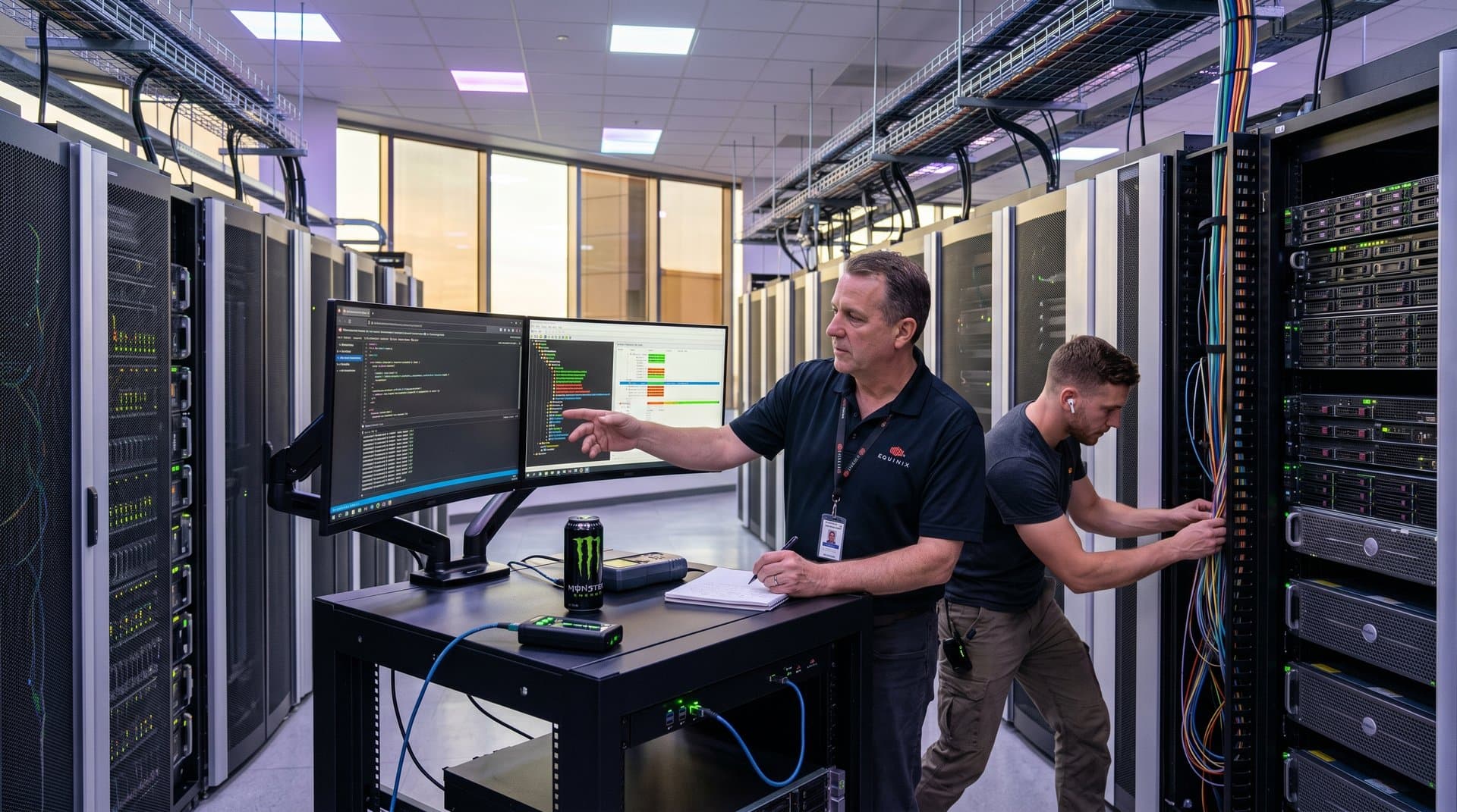 USB cable connects to PC workstation in data center with Firefox WebUSB console on multi-monitors amid server racks