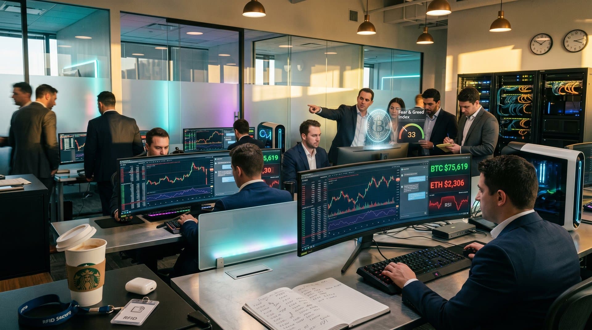 Trading desk with AI chatbot on monitors showing BTC at $75,619 and Fear & Greed at 33 amid crypto charts