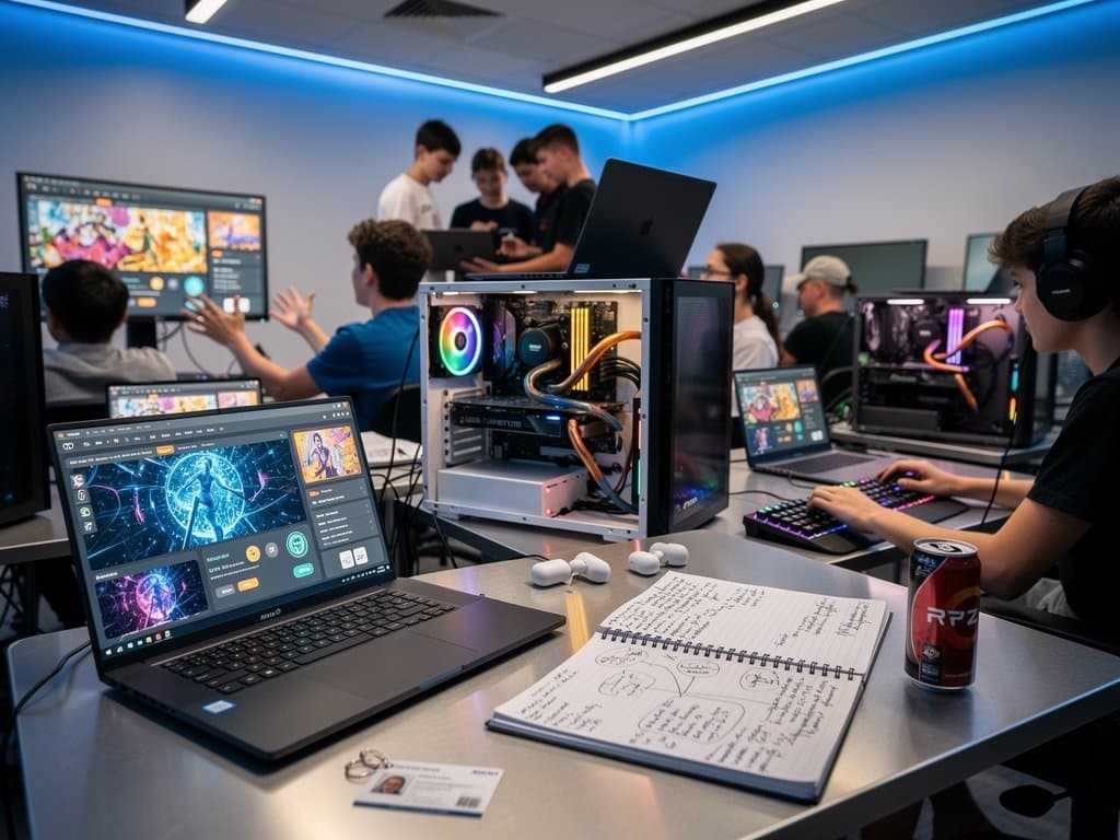 School lab with AI PCs showing Ryzen AI and Core Ultra hardware, performance charts, and edtech interfaces