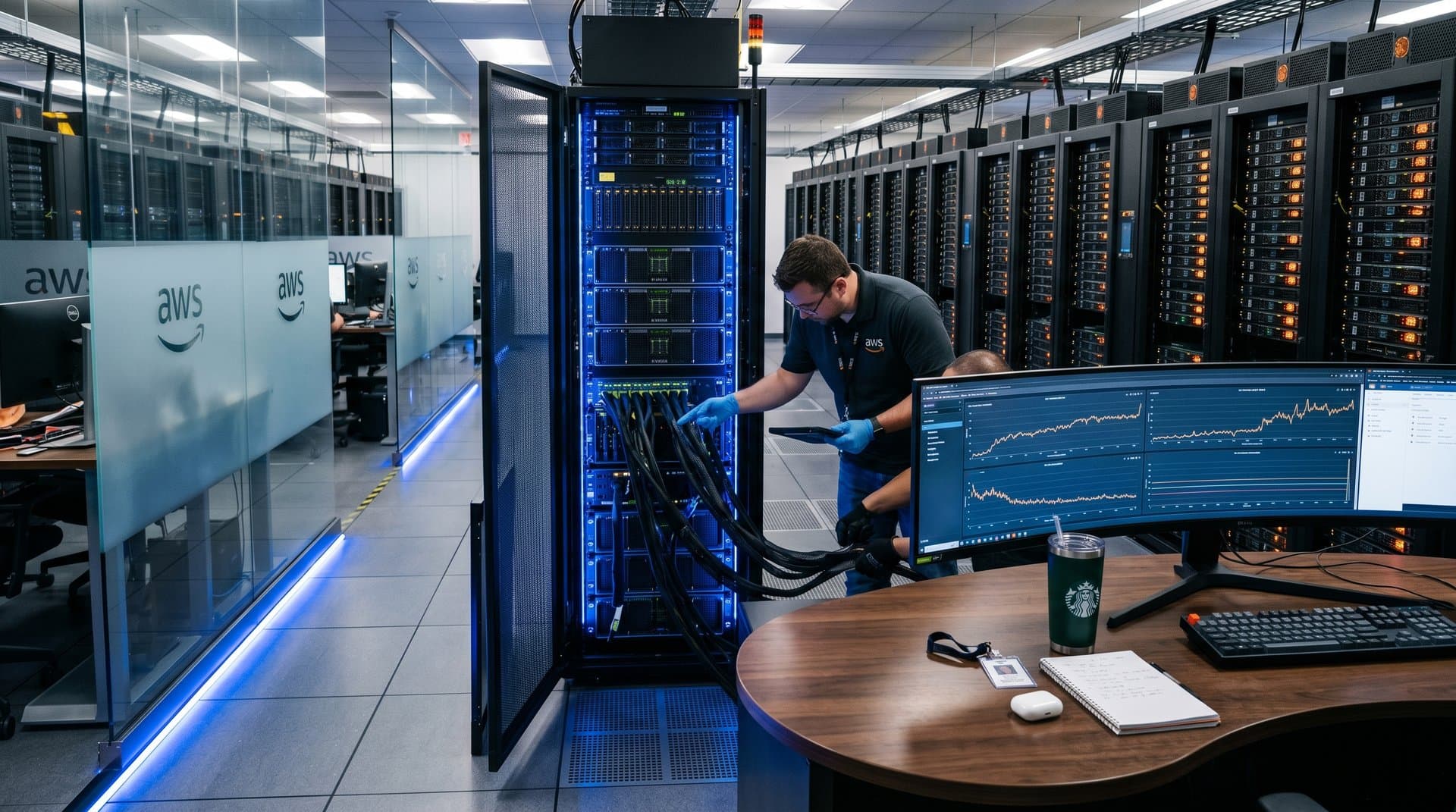 NVIDIA GPU server rack in AWS data center with LED-lit aisles and AI monitoring consoles