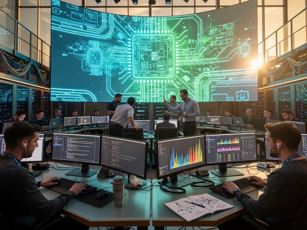 Glowing Trainium chip diagrams on LED screens with AWS workstations and server racks in a tech conference hall