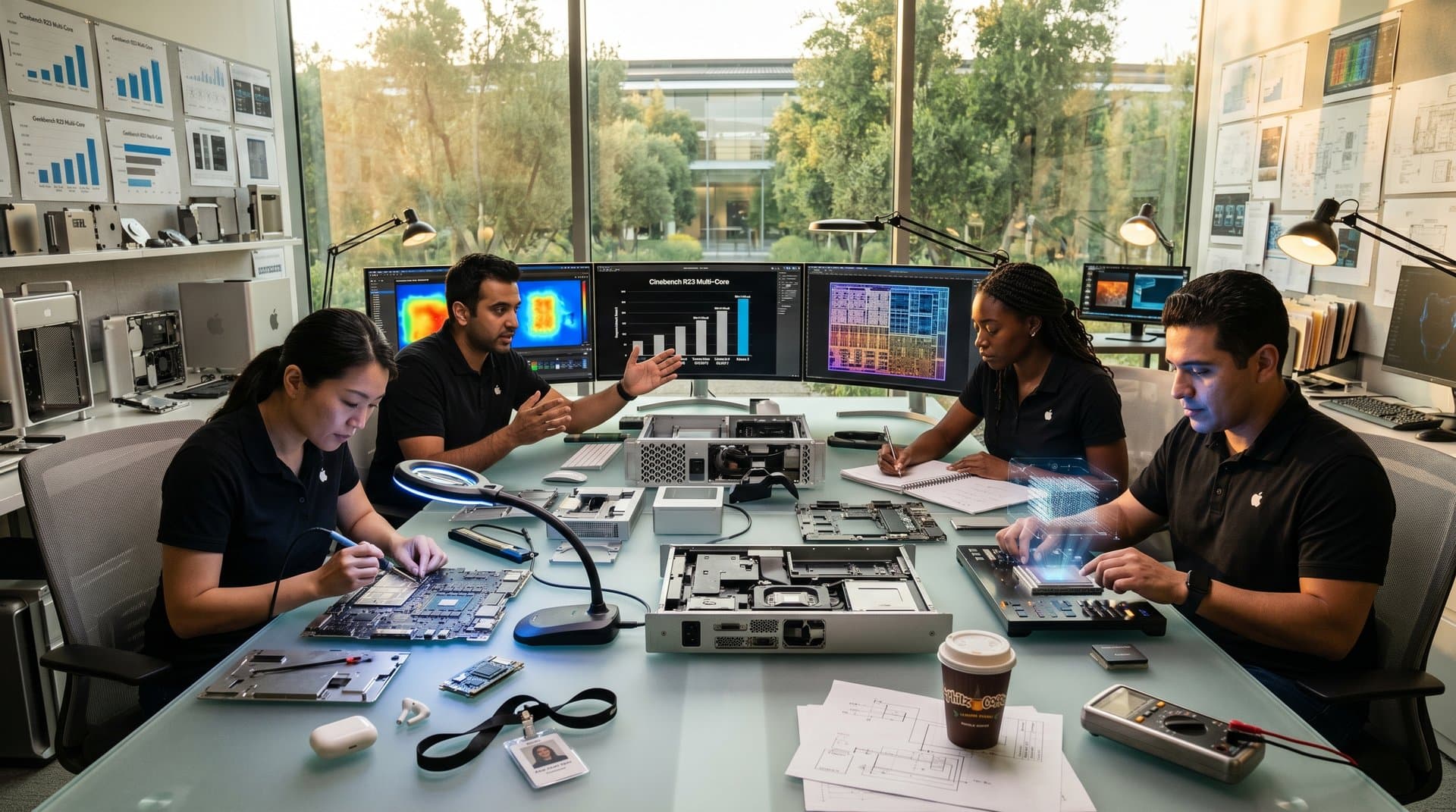 Apple engineers test Mac hardware prototypes in sunlit lab with monitors displaying chip designs and components on glass tables