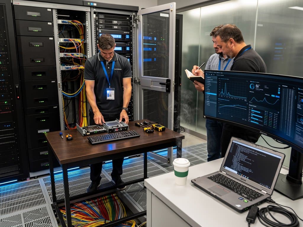 Fintech data center with server racks, glowing LEDs, cabling, diagnostic tools, and monitors displaying GPU graphs