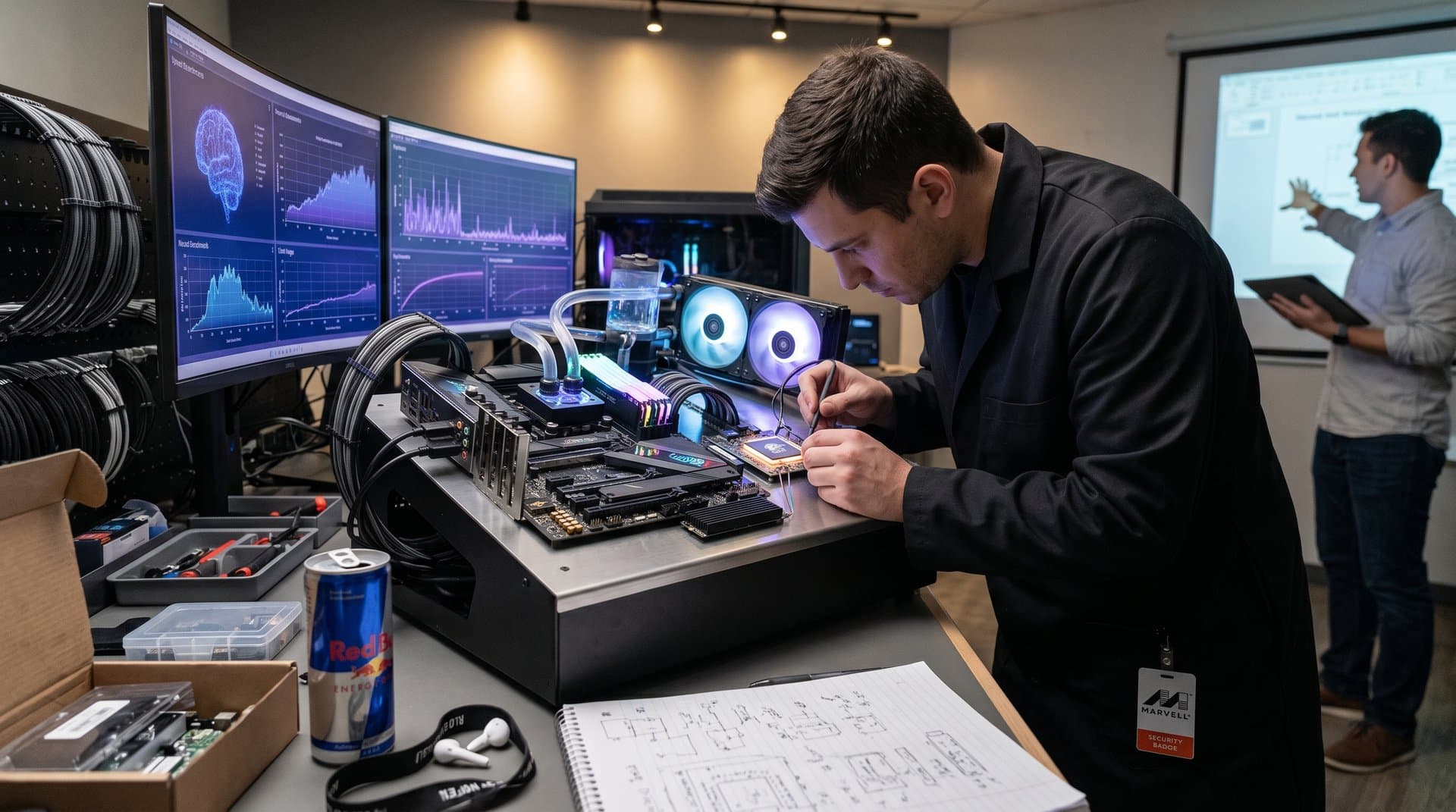 Prototype Marvell Google AI chip accelerator in PC build with benchmarks on screens