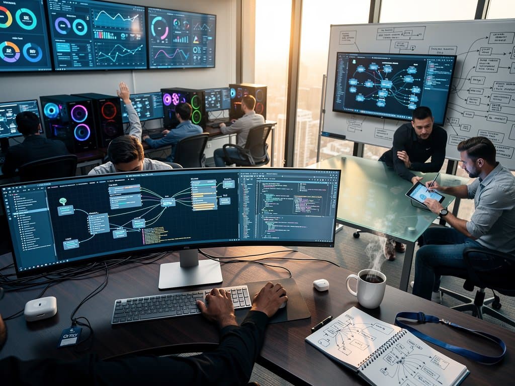 PC developers collaborate in modern lab over monitors showing realtime CRDT graph databases and code editors