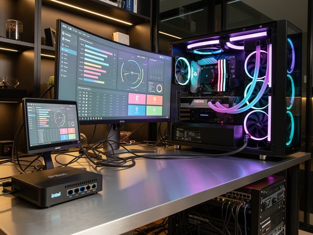 High-end PC with RTX 5090 GPU, Intel N100 pfSense firewall, monitors showing Claude Mythos breach logs in cyberpunk style