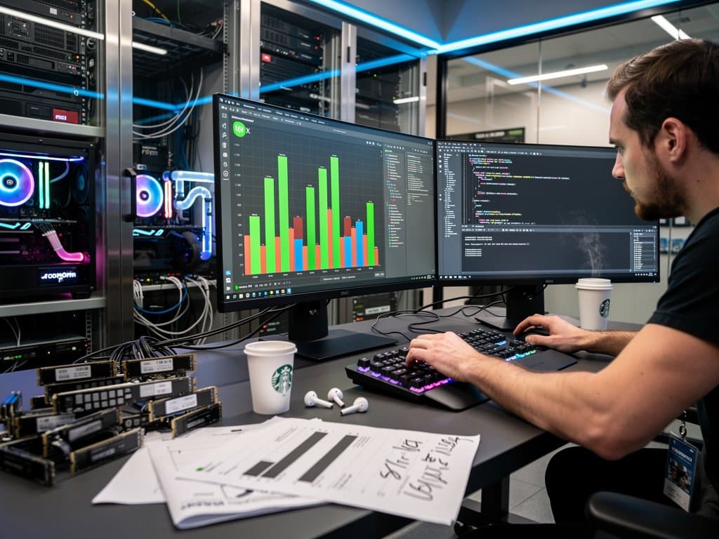 PC workstation displaying Zef dynamic language interpreter benchmarks on ultrawide monitors amid hardware rigs and code charts