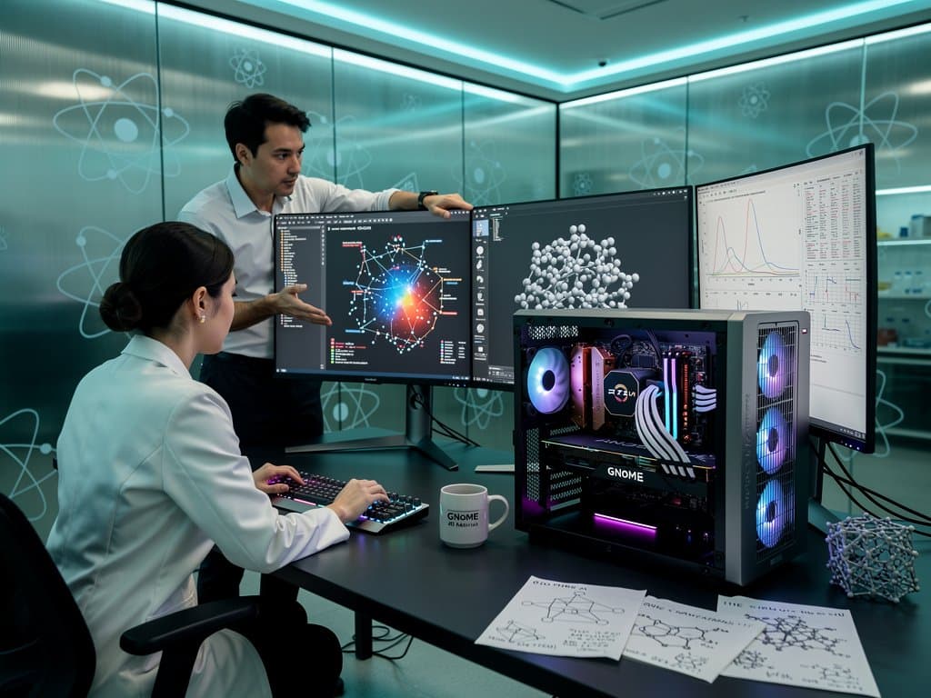 3D atomic crystal structures, stability heatmaps, and PyTorch code on multi-monitor GPU workstation in modern lab with server racks