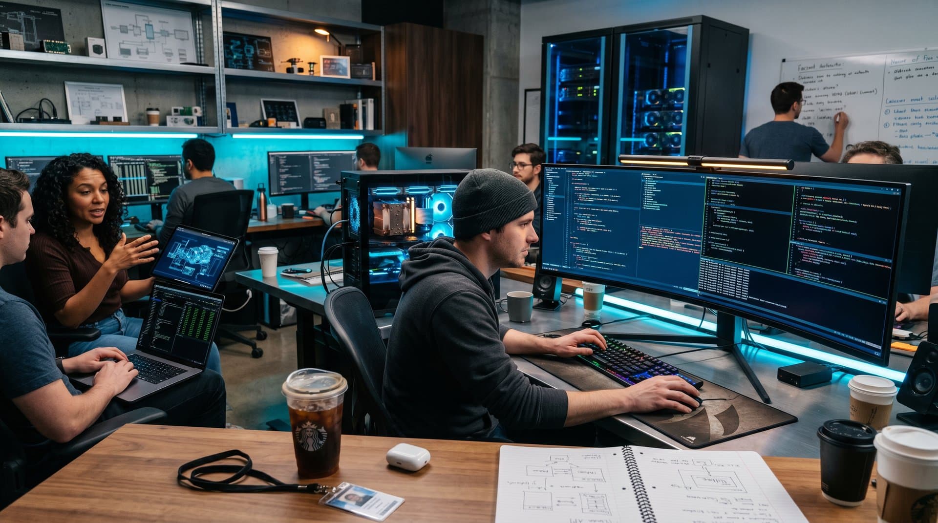 PC workstation with dual OLED monitors running Kasane Kakoune GPU frontend, RTX GPU, Ryzen tower, and RGB lighting.