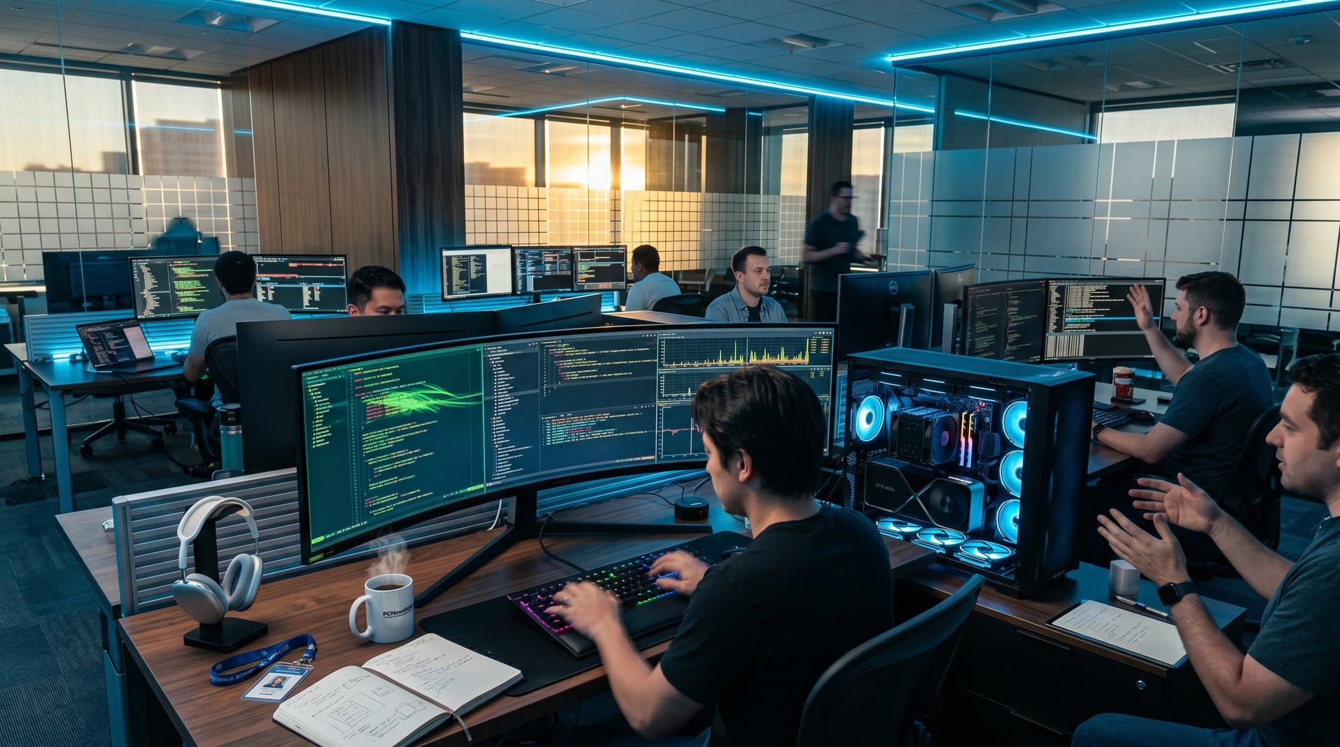 PC desk with triple monitors showing Kasane Kakoune frontend GPU rendering Rust code, RTX GPU in open case