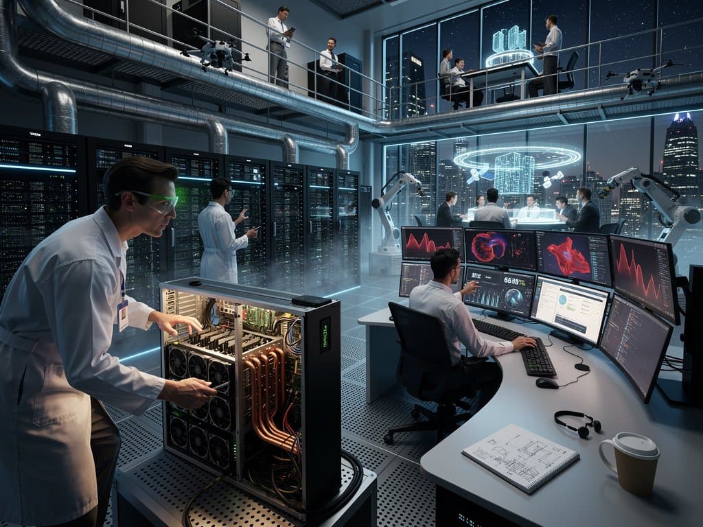 Engineers and technicians manage GPU server racks in a high-density Tier IV data center with raised floors, multi-monitor workstations, and advanced cooling systems