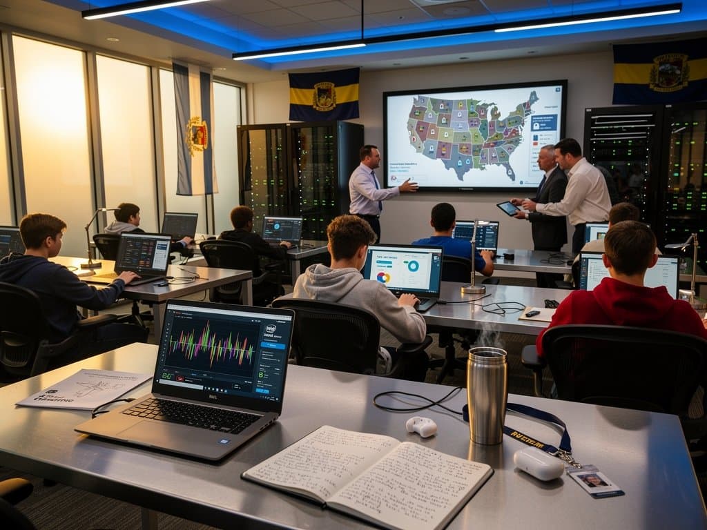 Pennsylvania school lab with AI PCs, laptops showing NPU benchmarks, policy maps on whiteboard, cybersecurity icons
