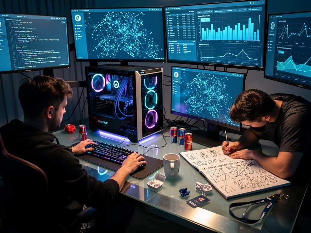 PC gaming devs at monitors showing CRDT graph database realtime updates and stars metrics