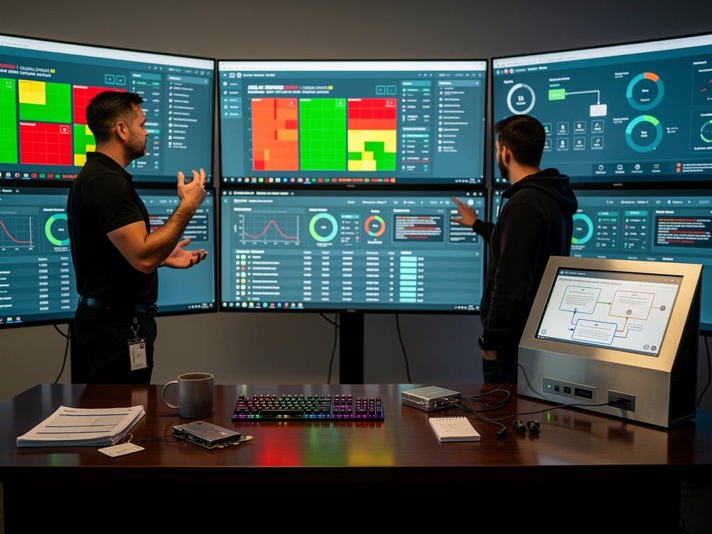 IT engineers auditing AI compliance on multi-monitors amid server racks in Equinix Tier IV data center