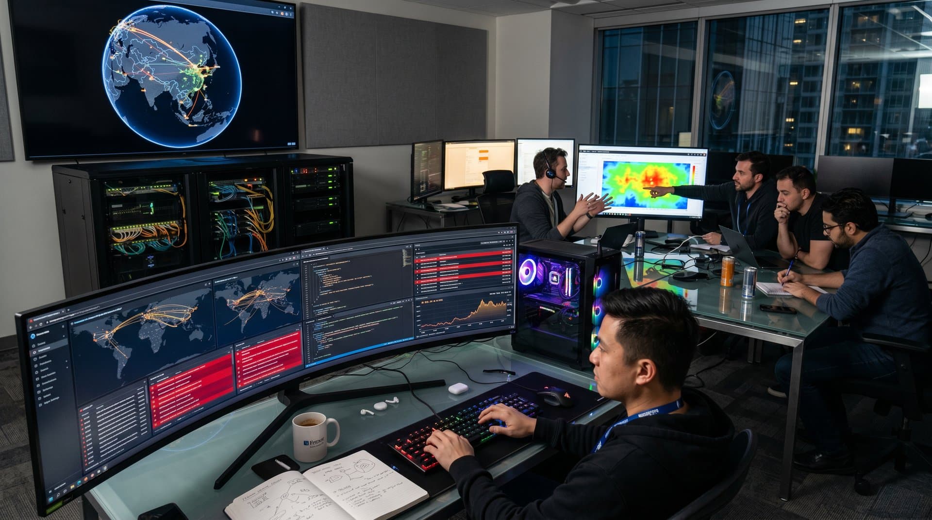 Cybersecurity team monitors North Korean hackers crypto heist threats on multi-monitor PC setups in high-tech SOC with server racks and crypto charts
