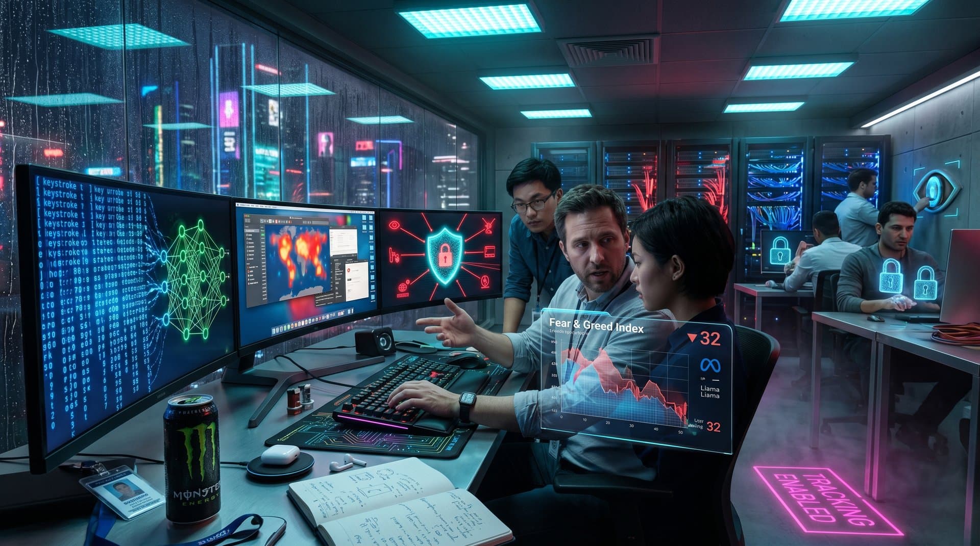 Futuristic PC setup with monitors showing AI data streams and keystroke logging visuals in cyberpunk style lab